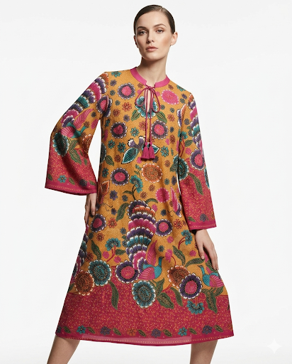 Fuchia Gold Peacock Chiffon Boho Dress