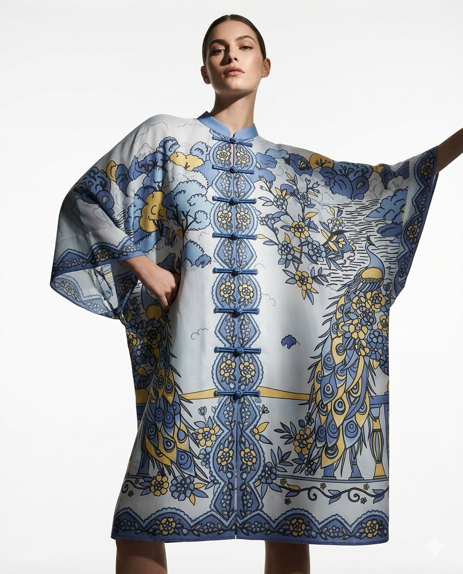 Peacock Chiffon Mandarin Dress