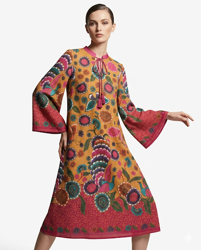 Fuchia Gold Peacock Chiffon Boho Dress