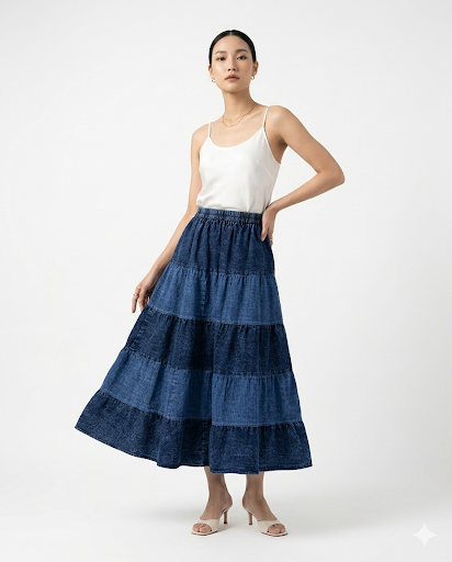 Tiered Patchwork Midi Skirt