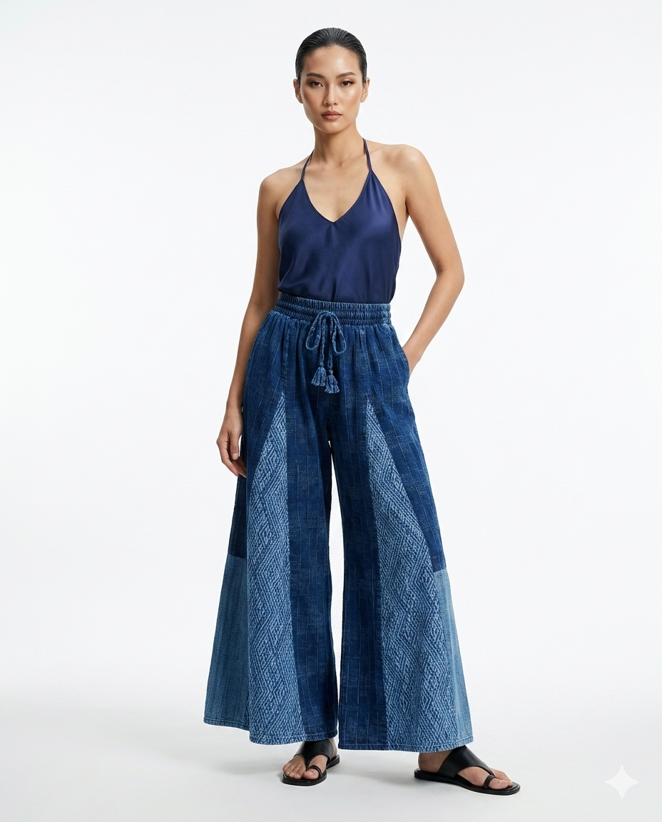 Patchwork Wide-Leg Indigo Pants