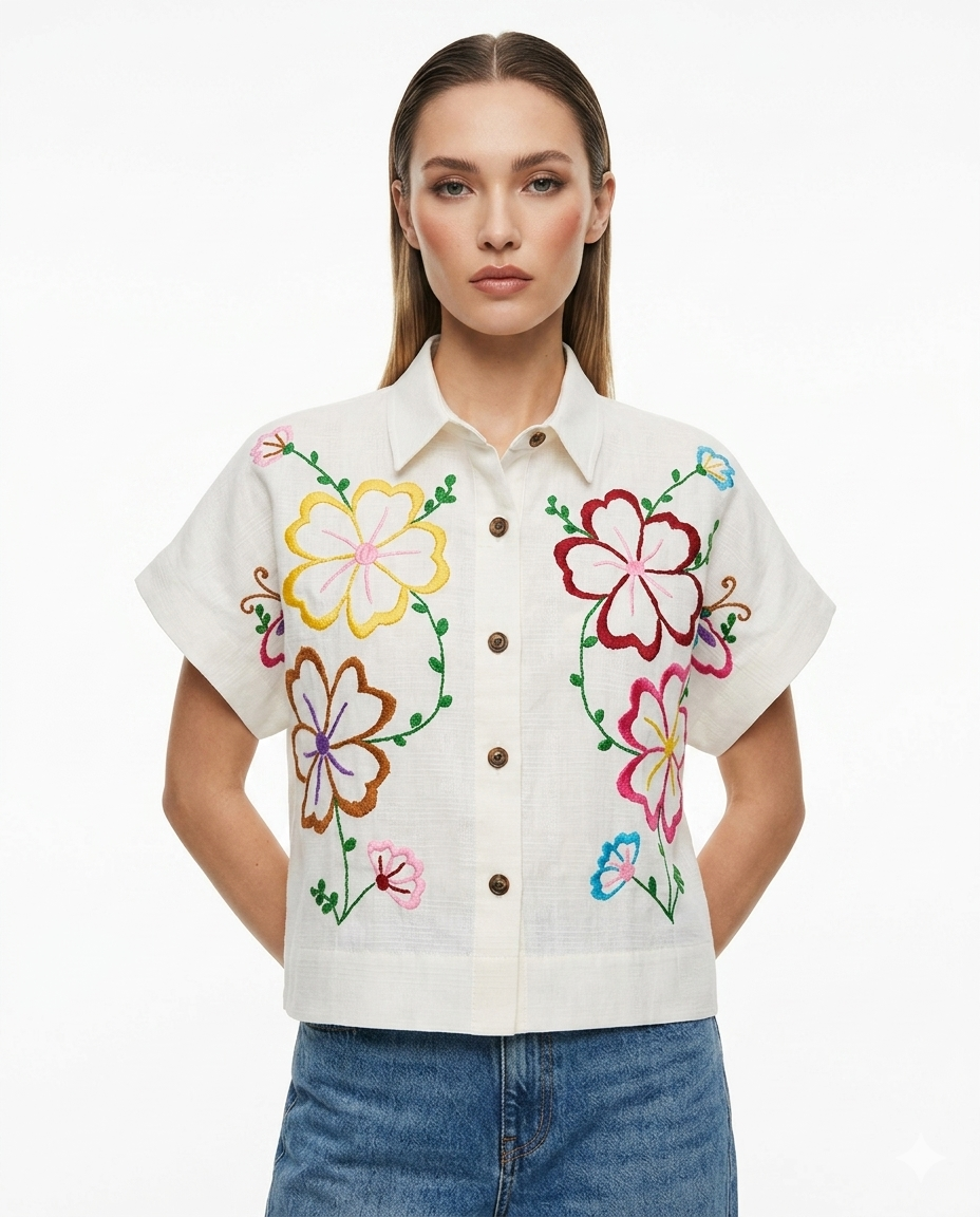 Floral Embroidered Short Sleeve Button-Up