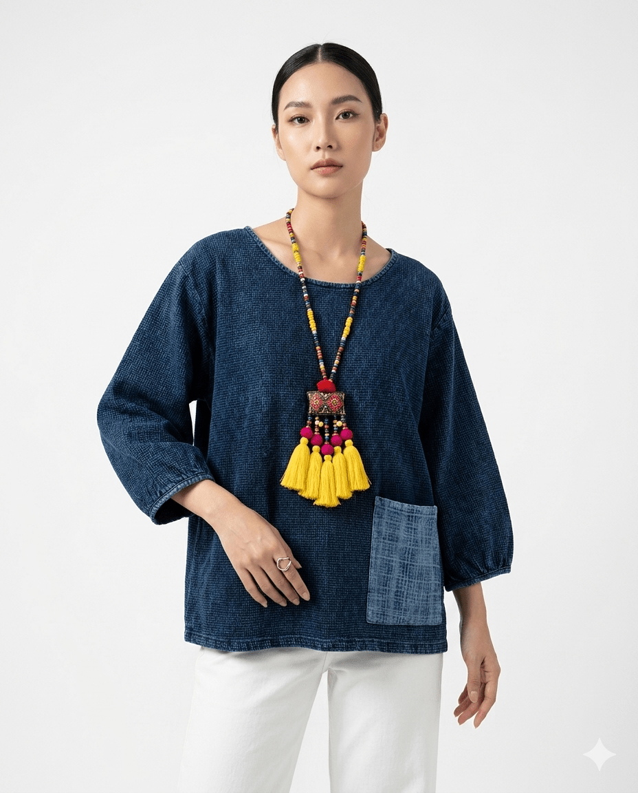 Contrast Patch Pocket Round Neck Top - SIAM TEXTILE