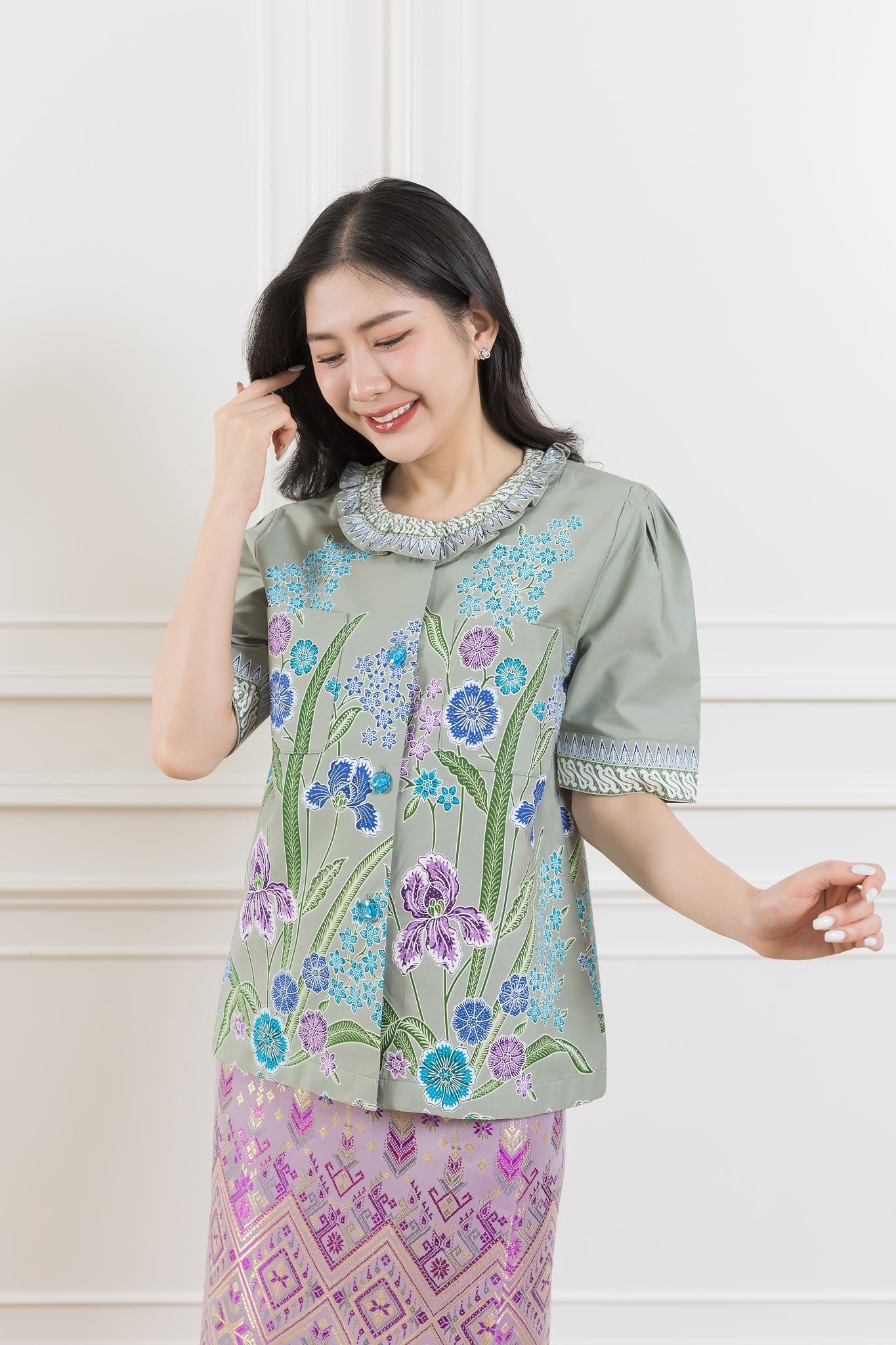 Gray Lucky Orchid Luxury Blouse - SOUTH FABRIC