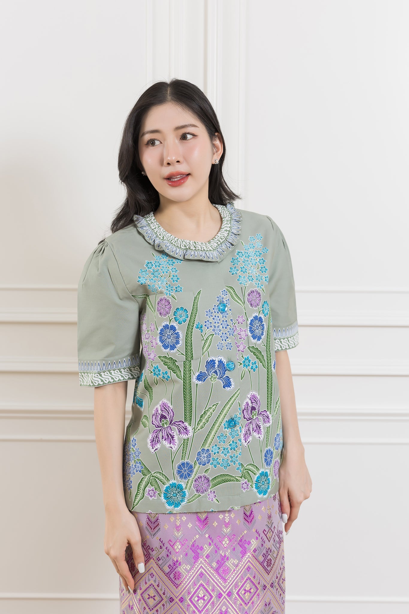 Gray Lucky Orchid Luxury Blouse - SOUTH FABRIC