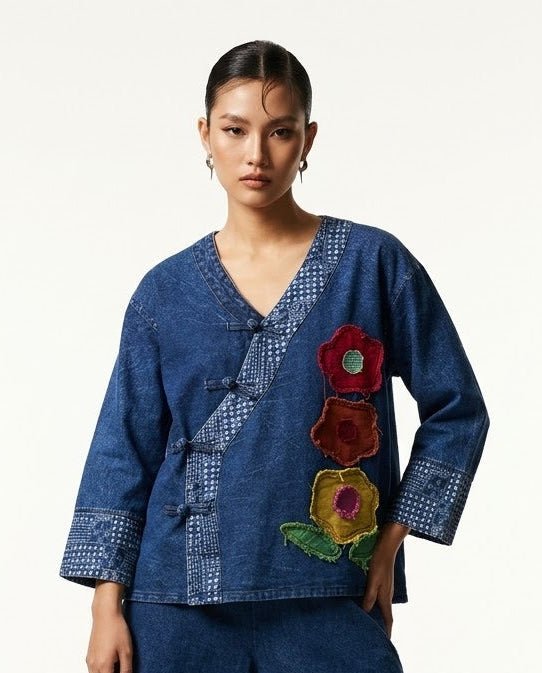 Indigo Madarin Wrap Floral Blouse - SIAM TEXTILE