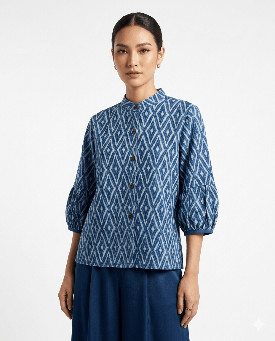 Mandarin Collar Puff Sleeve Blouse - SIAM TEXTILE