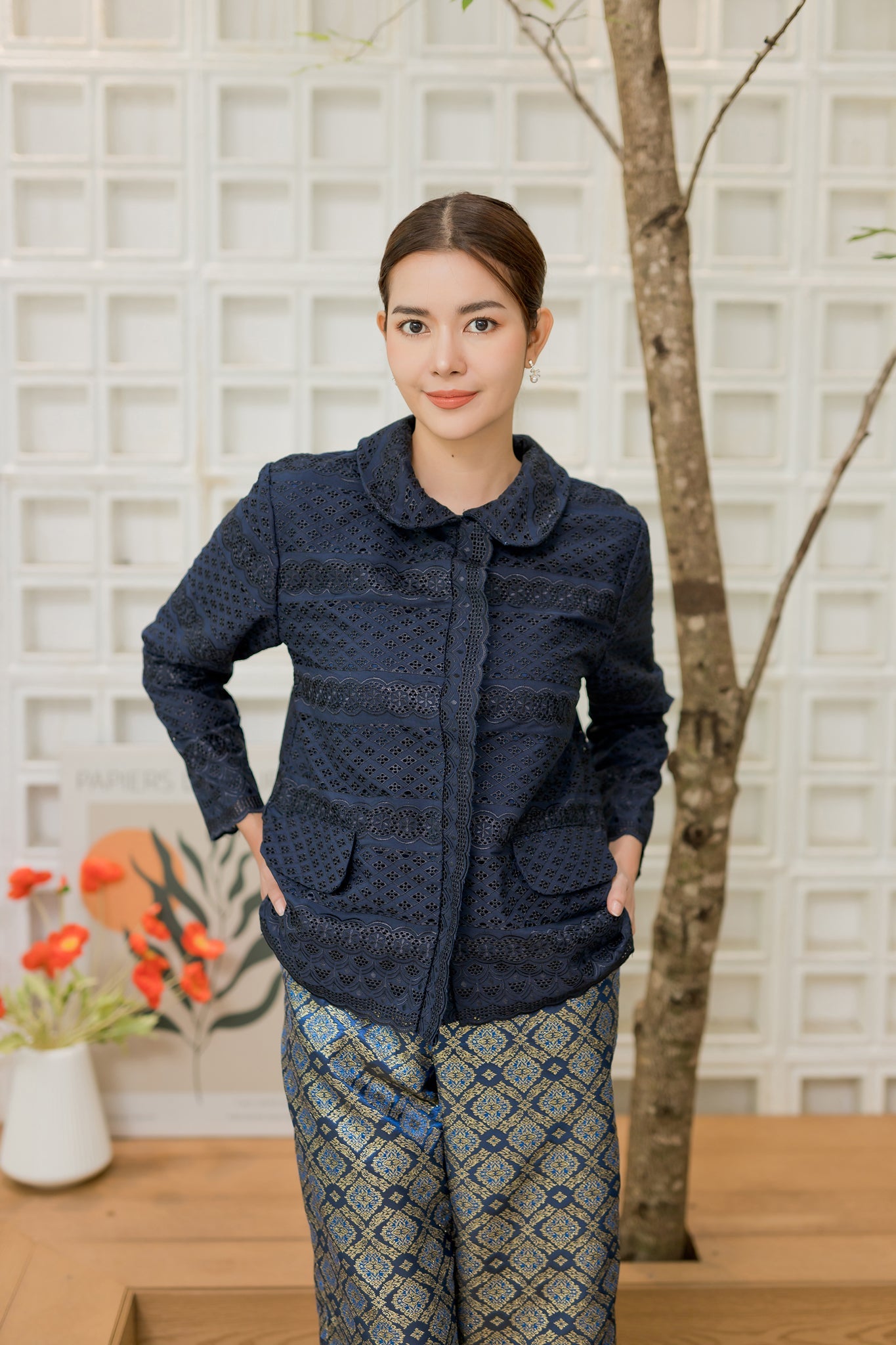 Navy Lace Signature Blouse - SOUTH FABRIC
