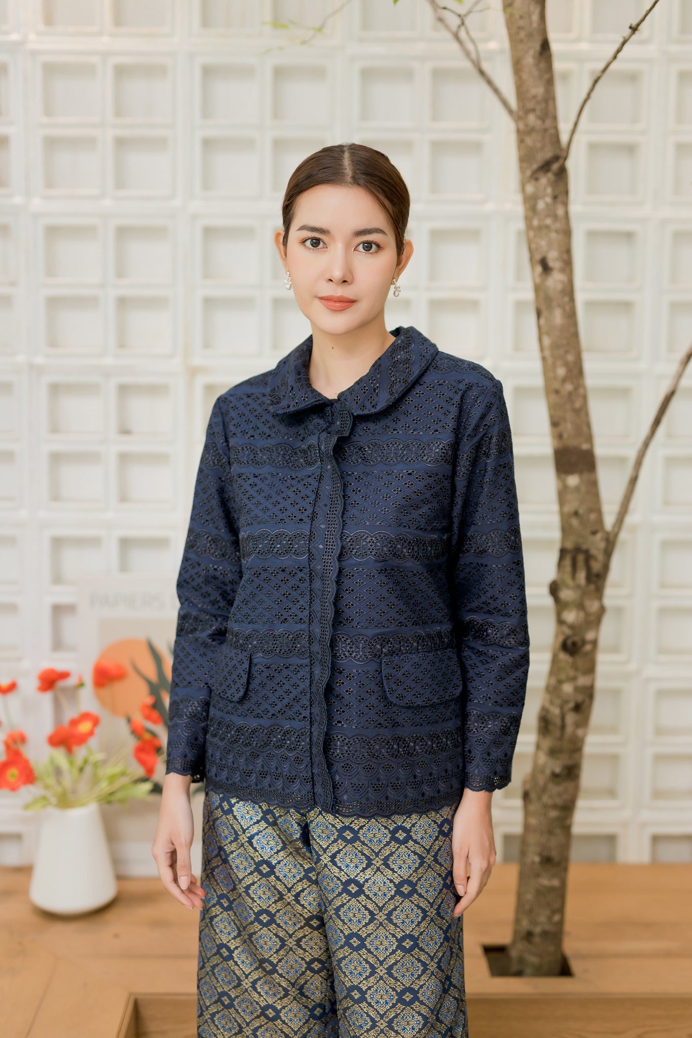 Navy Lace Signature Blouse - SOUTH FABRIC