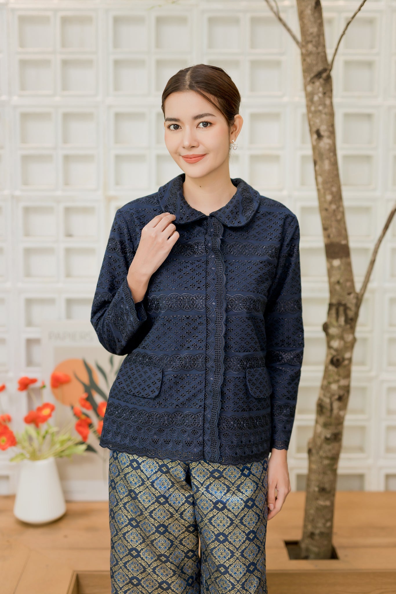Navy Lace Signature Blouse - SOUTH FABRIC
