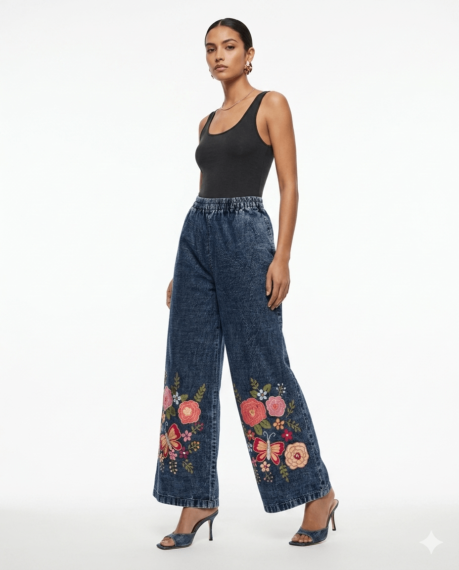Straight Pants with Floral Embroidery - SIAM TEXTILE