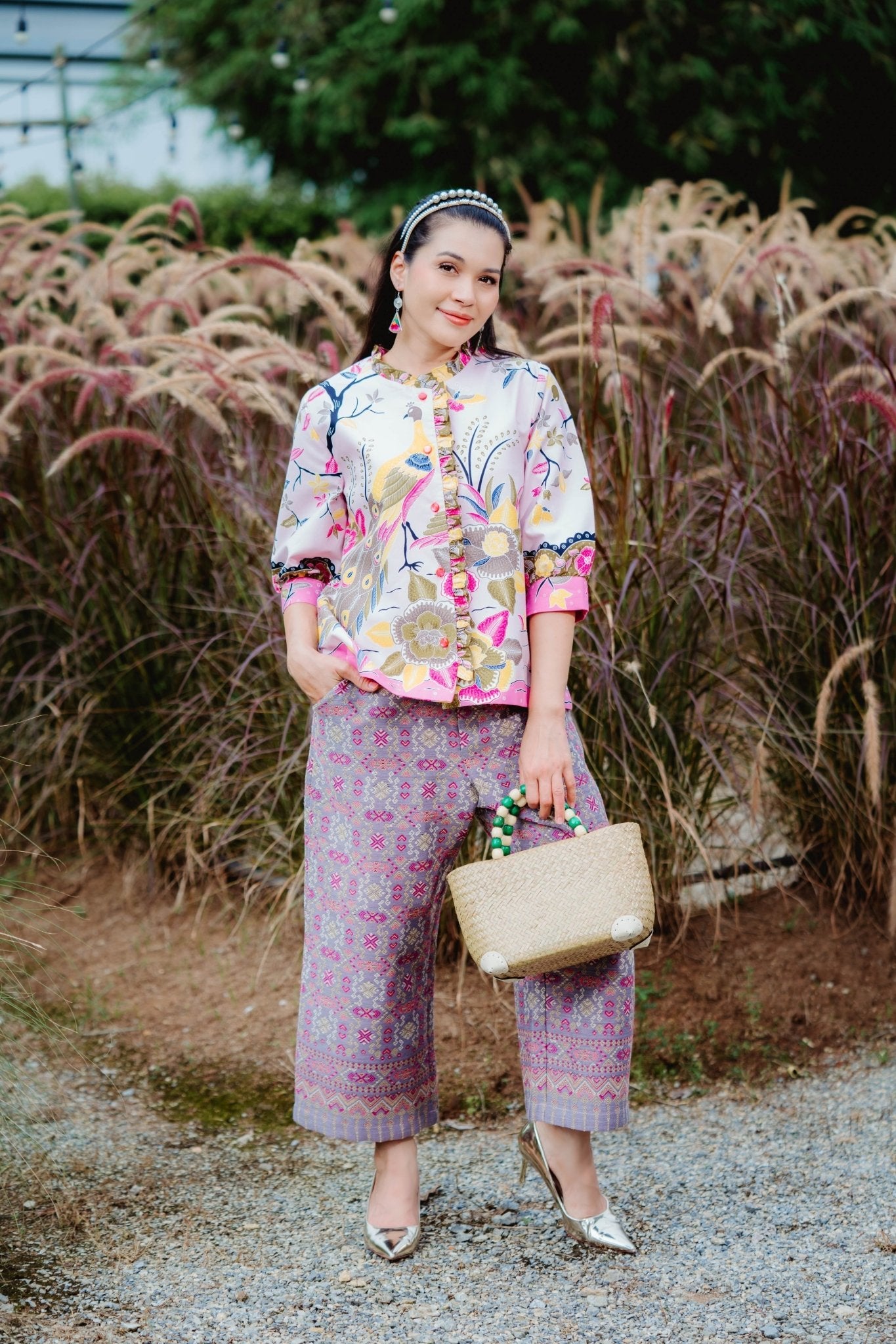 Wood Bead Handle Krajood Beach Bag - KAMONMANEE